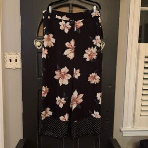 Silky black and pink floral pants with polka dots